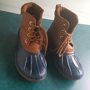 Yokids Kids Girls Duck Rain Boots size 1 brown blue lace up fleece lined